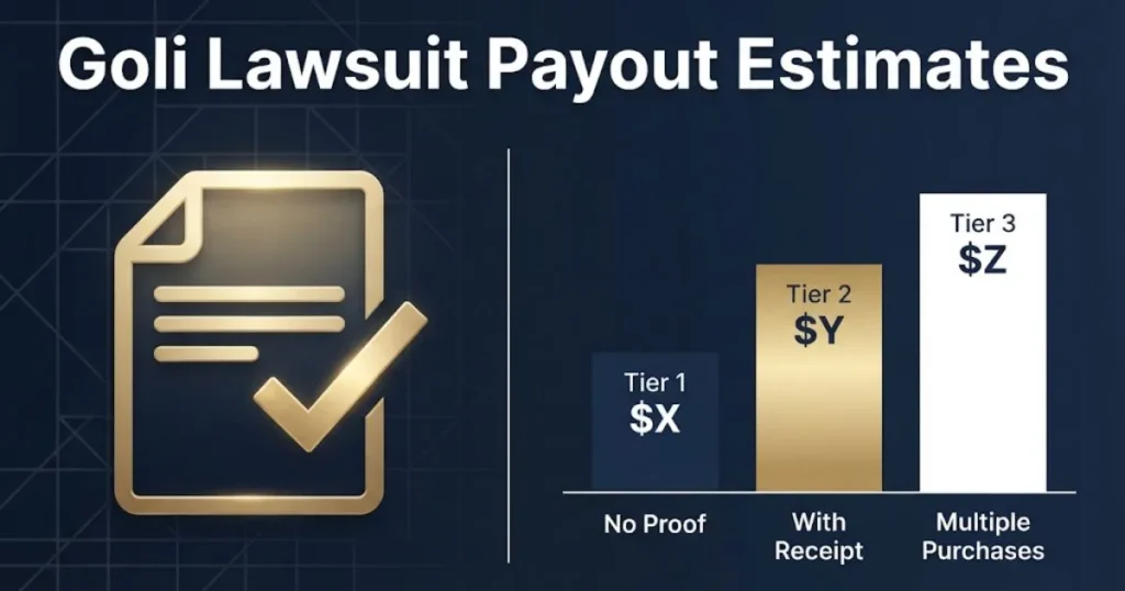 Goli lawsuit payout estimates chart showing settlement tiers on dark blue background