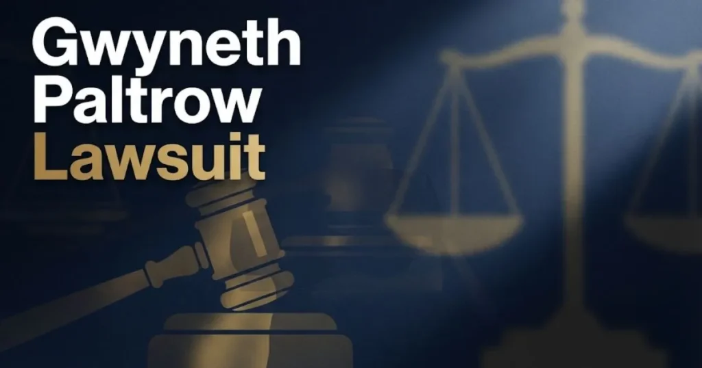 Gwyneth Paltrow lawsuit hero banner with courtroom silhouettes and gold legal scales on navy background