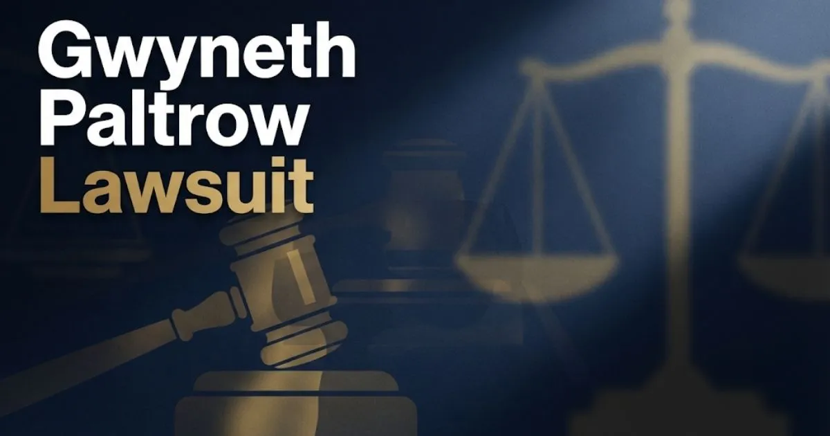 Gwyneth Paltrow lawsuit hero banner with courtroom silhouettes and gold legal scales on navy background