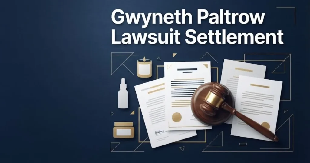 Gwyneth Paltrow lawsuit settlement graphic with legal documents and wellness product icons on navy background