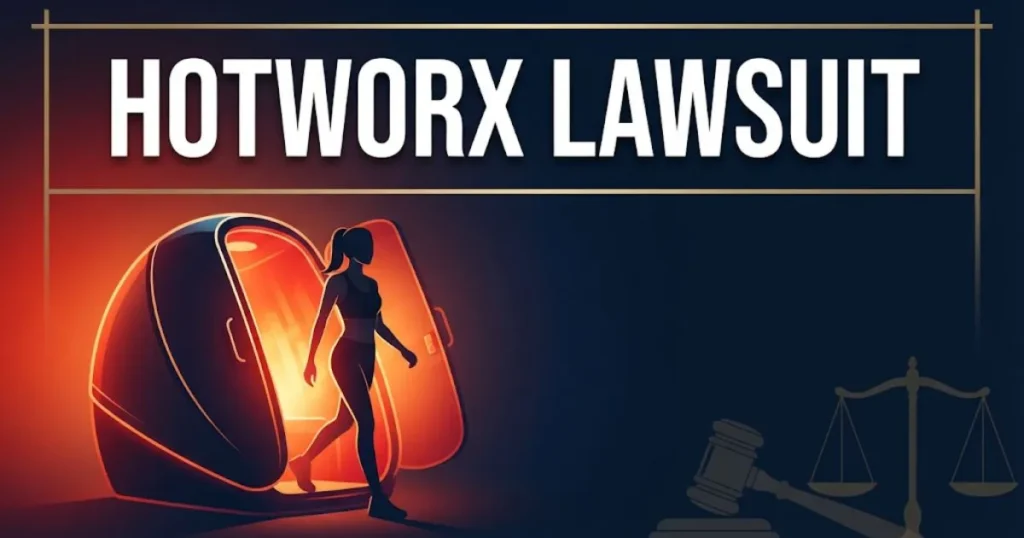 HOTWORX lawsuit 2026 hero banner with infrared pod and legal symbols