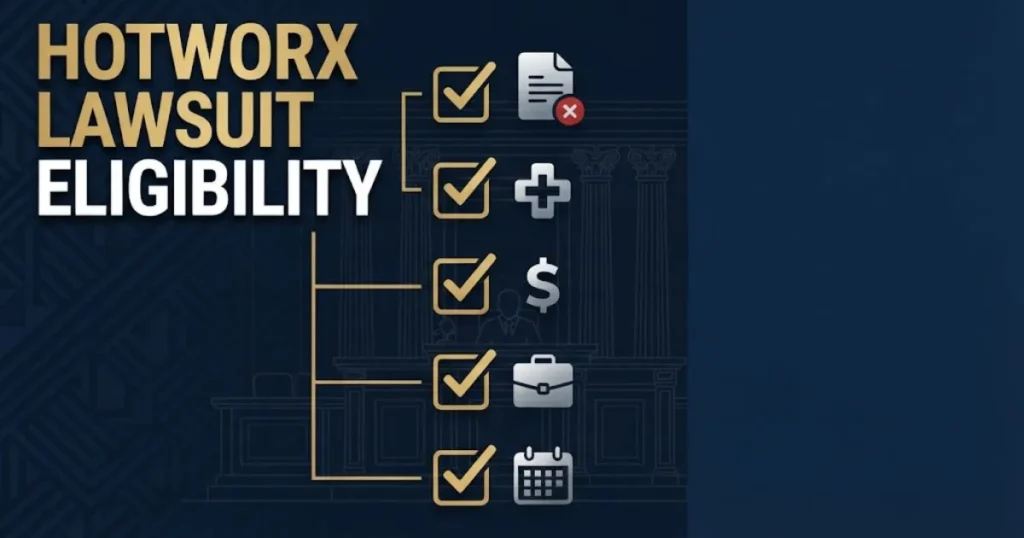 HOTWORX lawsuit eligibility checklist graphic with legal document icons