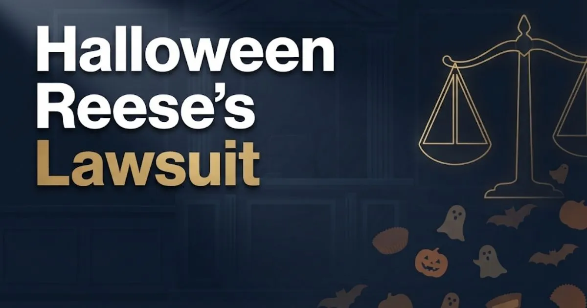 Halloween Reese's lawsuit hero banner with legal scales and seasonal candy silhouettes on navy background