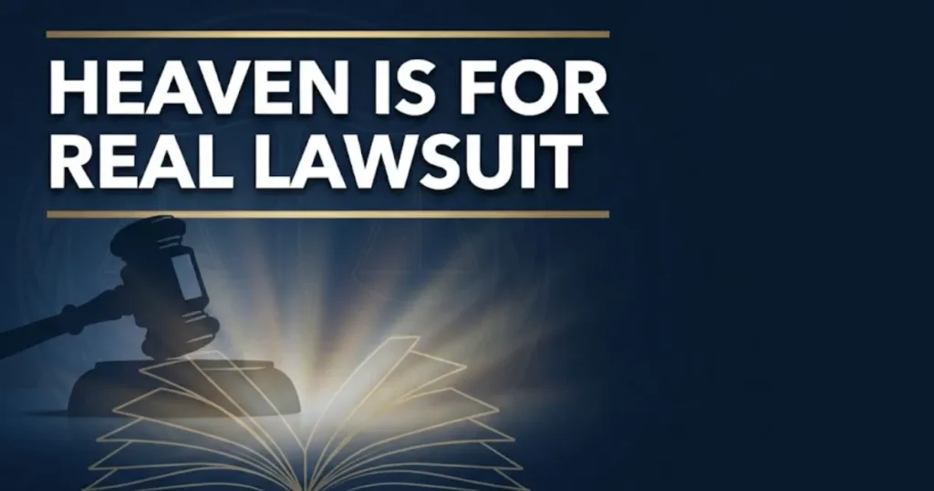 Heaven is for real lawsuit hero banner with gavel and book silhouette on navy background