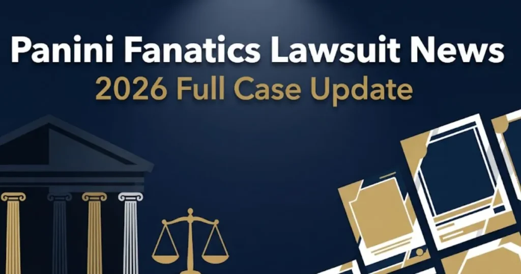 Hero banner for Panini Fanatics lawsuit news 2026 showing courthouse silhouette, scales of justice, and bold case update headline text.