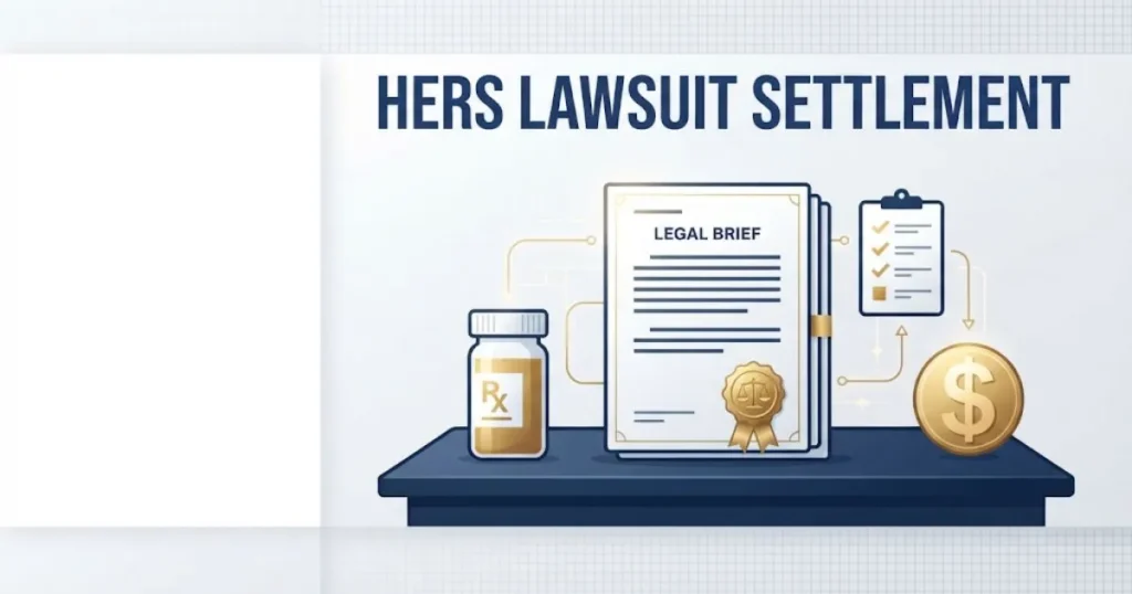 Hers lawsuit settlement graphic with eligibility and payout icons for 2026