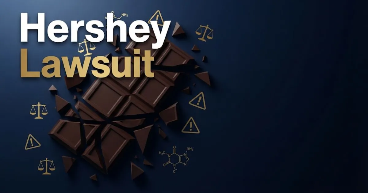 Hershey lawsuit hero banner with dark chocolate and legal symbols on navy background