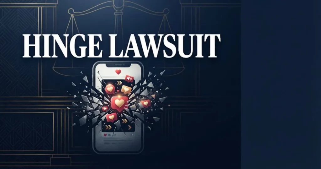 Hinge lawsuit 2026 hero banner with smartphone and legal symbols on navy background
