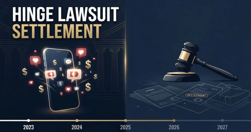 Hinge lawsuit settlement timeline graphic with gavel and smartphone on dark background