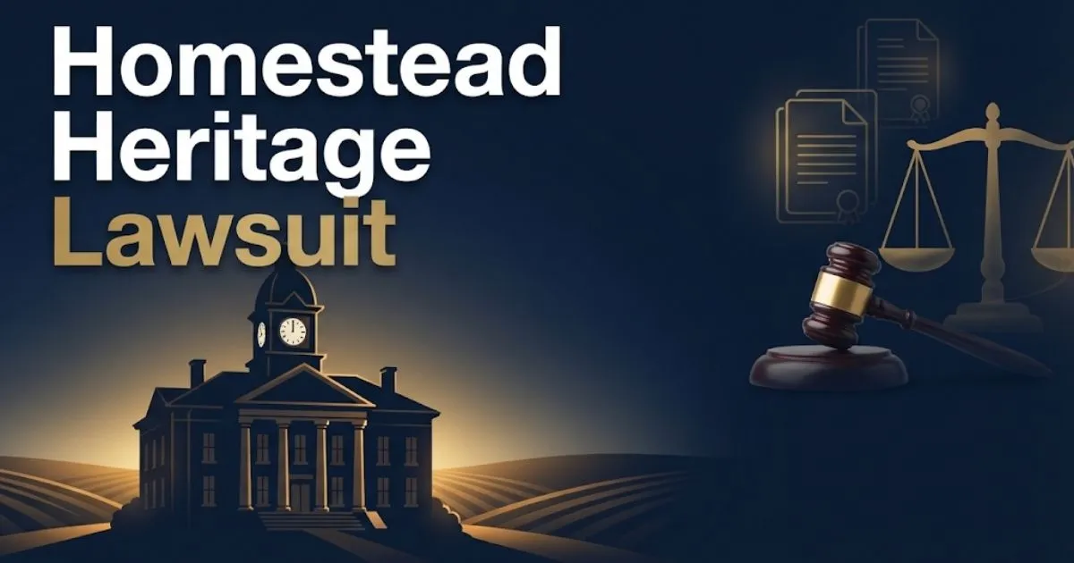 Homestead Heritage Lawsuit hero banner with courthouse silhouette and legal symbols on navy background