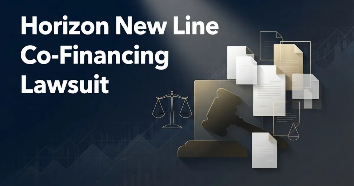 Horizon New Line co-financing lawsuit hero banner with legal symbols and navy blue background