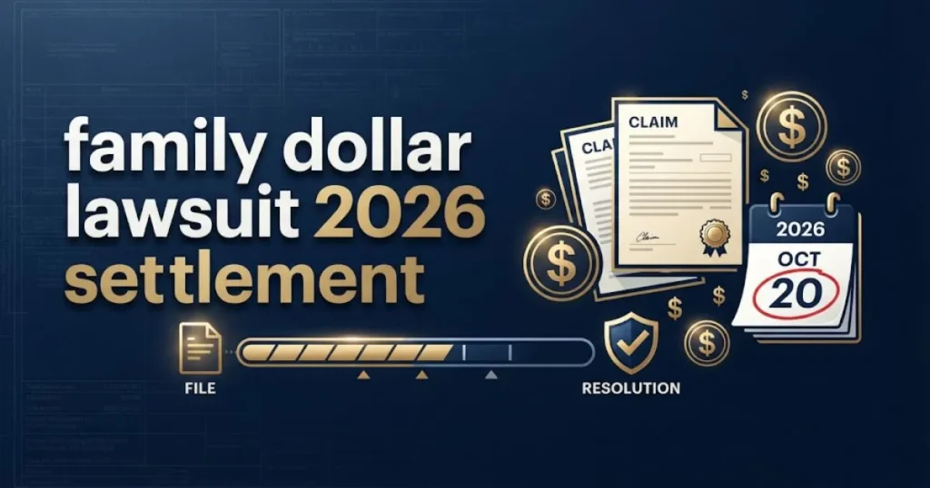 In-article graphic for family dollar lawsuit 2026 showing settlement timeline icons and claim form illustrations on navy background