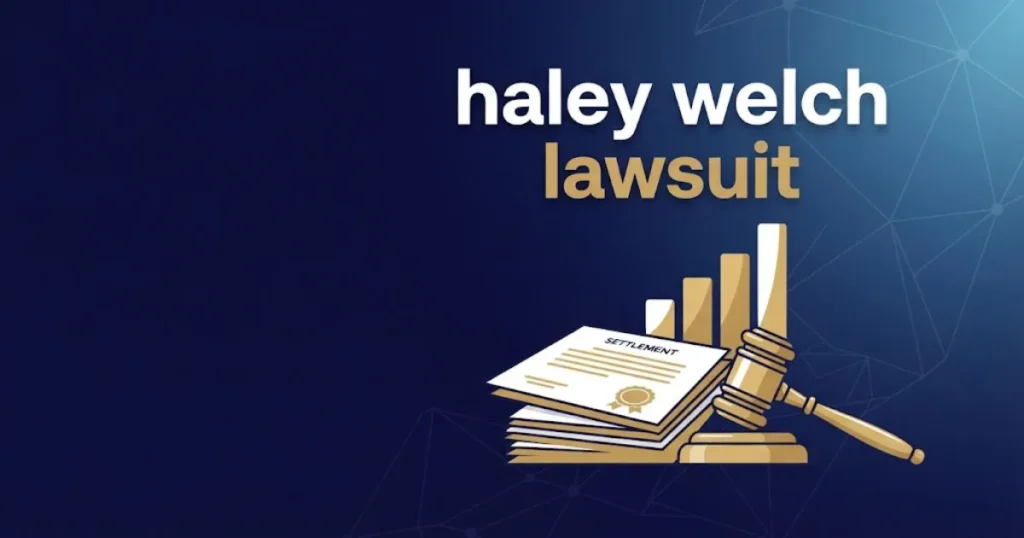 In-article graphic showing haley welch lawsuit title with settlement documents and compensation chart icons