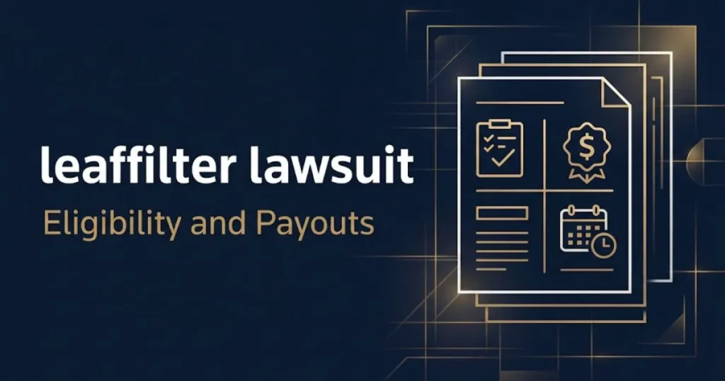 In-article graphic showing leaffilter lawsuit eligibility and payout icons on navy blue editorial background