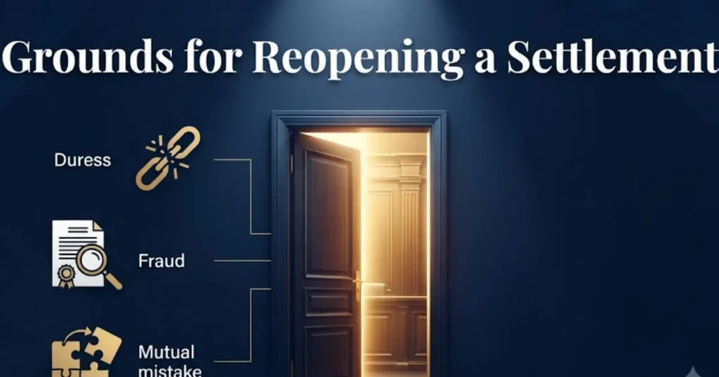 Infographic showing grounds for reopening a settlement with legal icons and courtroom door