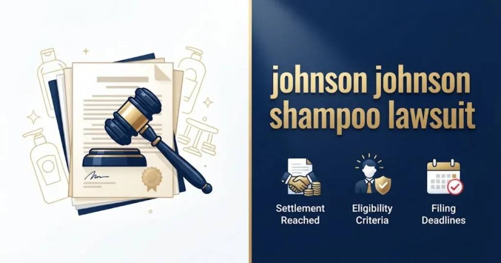 Infographic style image for johnson johnson shampoo lawsuit showing settlement and eligibility icons