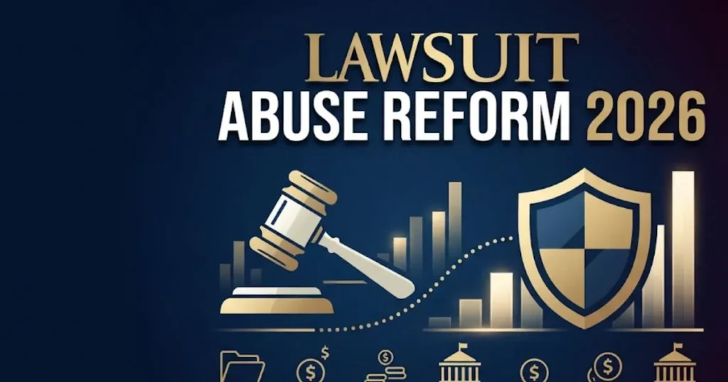 Infographic-style image showing lawsuit abuse reform in 2026 with gavel and shield icons