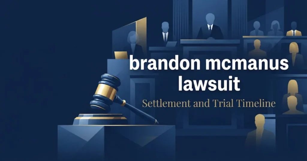 Infographic style image with brandon mcmanus lawsuit title text and gold gavel icon on navy courtroom background