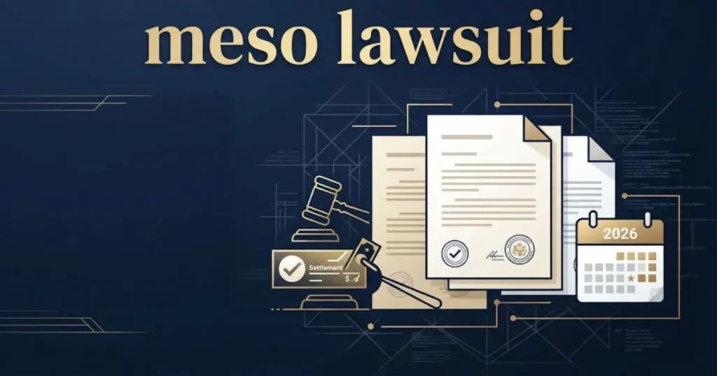 _Infographic style image with meso lawsuit title text and settlement documents illustration on dark navy background