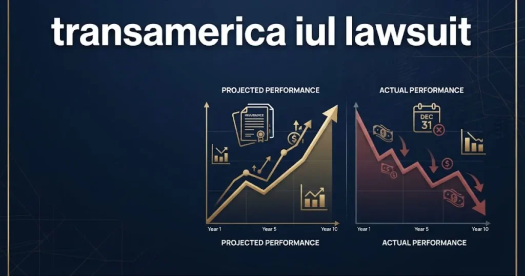 Infographic-style visual for transamerica iul lawsuit showing projected versus actual policy performance graphs in navy and gold