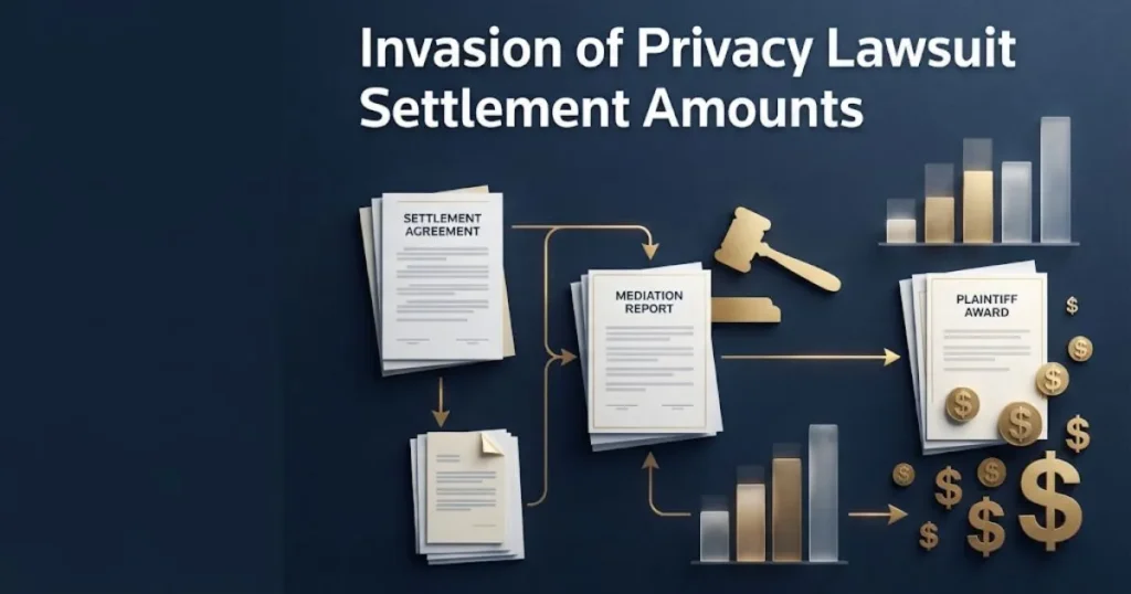 Invasion of privacy lawsuit settlement amounts graphic with legal documents and payout chart elements