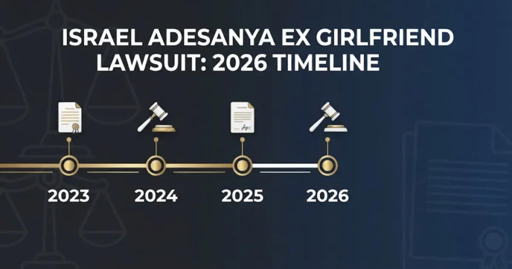 Israel Adesanya ex girlfriend lawsuit 2026 timeline graphic with gold milestone markers on dark navy background