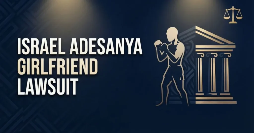 Israel Adesanya girlfriend lawsuit 2026 hero banner with courthouse silhouette and legal scales on navy background