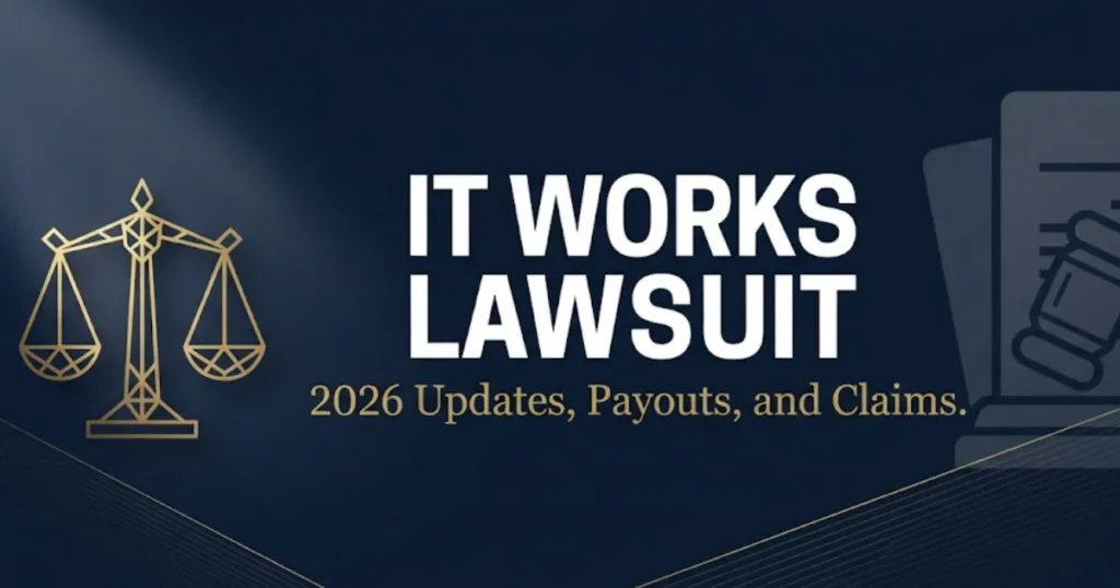 It Works lawsuit 2026 hero banner with scales of justice and legal icons