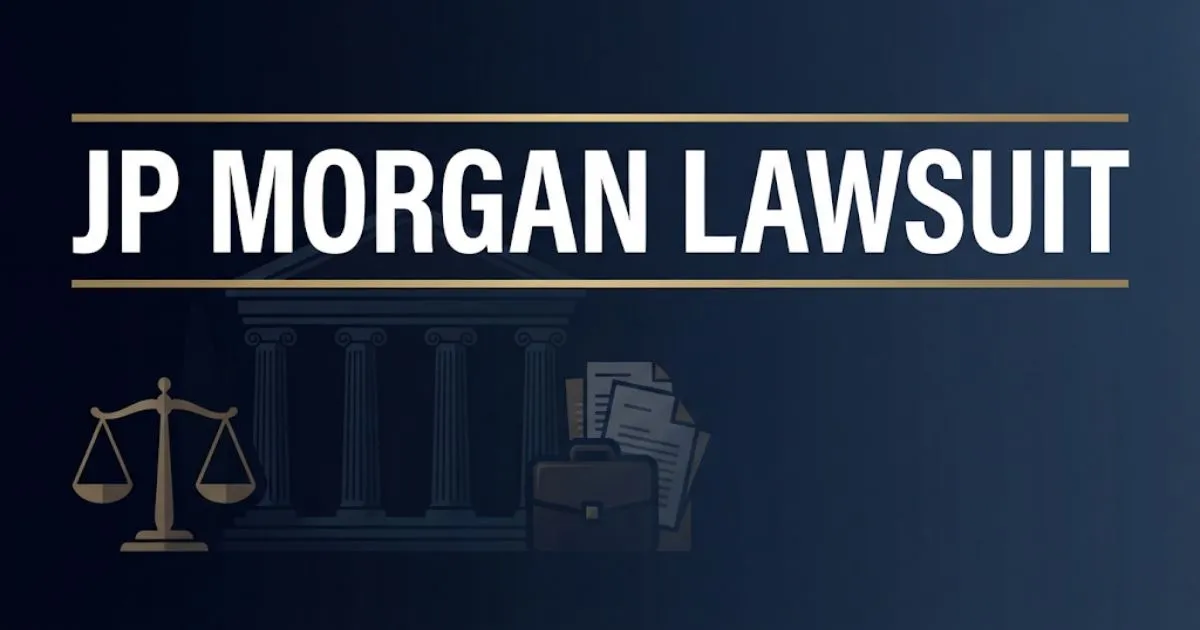 JP Morgan lawsuit 2026 hero banner with courthouse and legal symbols on navy background
