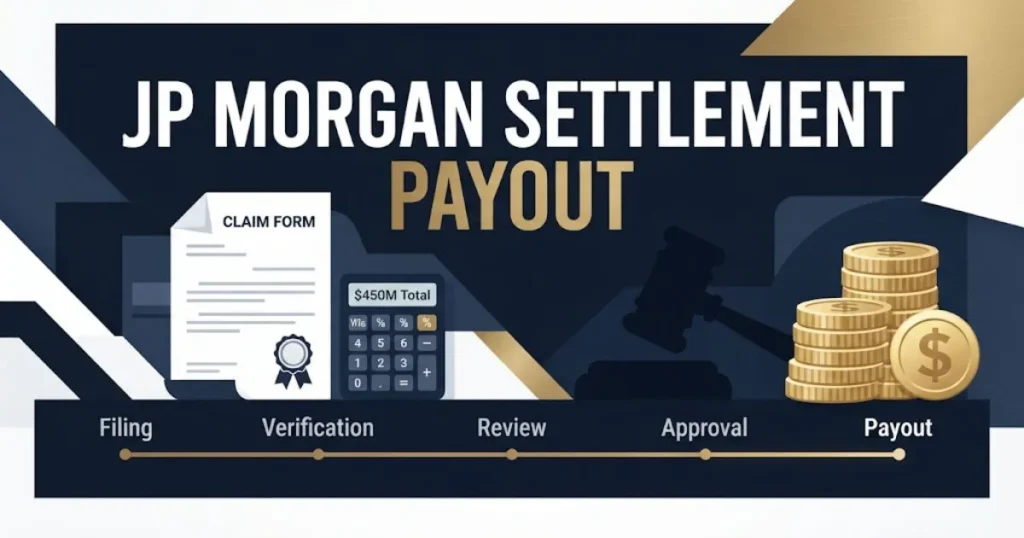 JP Morgan settlement payout graphic showing claim process and timeline with legal icons
