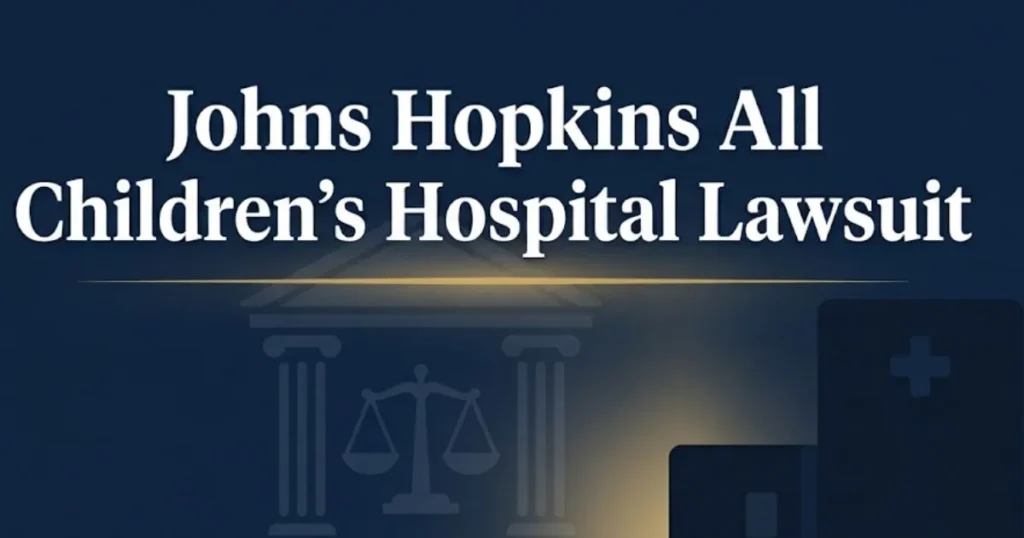 Johns Hopkins All Children's Hospital lawsuit hero banner with legal scales and courthouse imagery