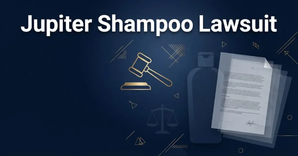 Jupiter shampoo lawsuit 2026 hero banner with legal gavel and shampoo bottle silhouette