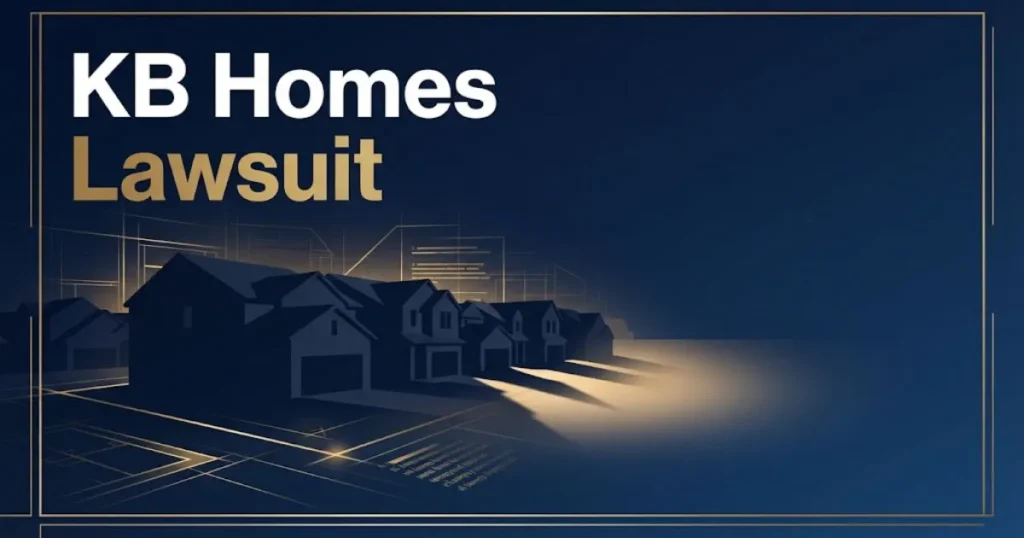 _KB Homes Lawsuit hero banner with navy background, gold accents, and suburban housing silhouettes