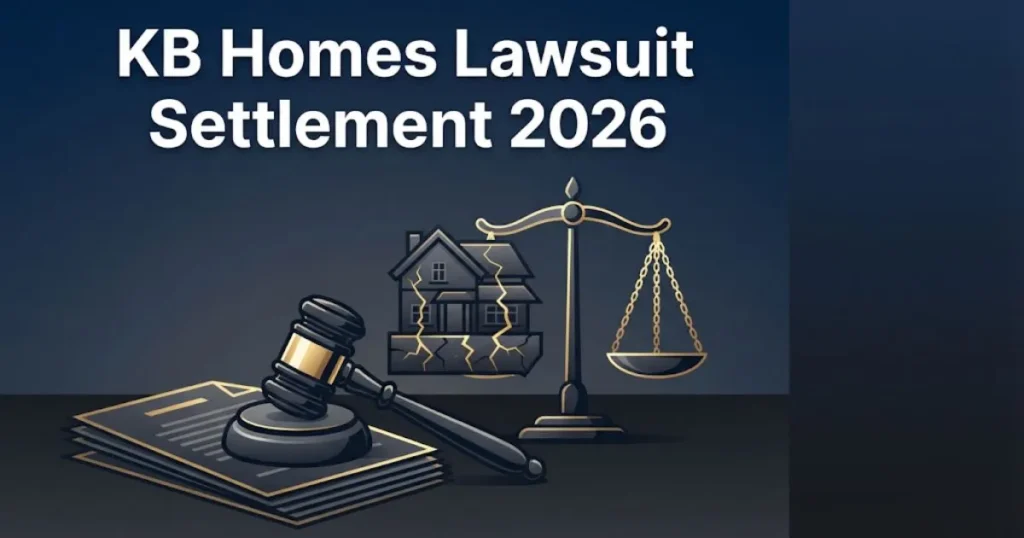 KB Homes Lawsuit settlement graphic showing legal scales, cracked house icon, and document silhouettes