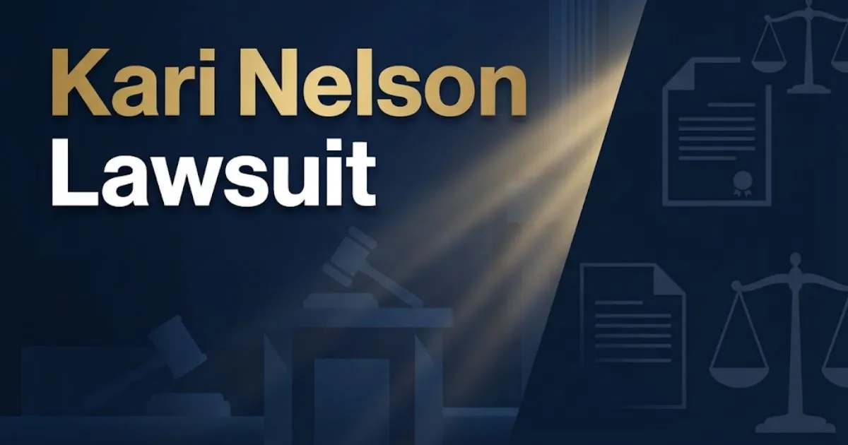 Kari Nelson Lawsuit hero banner with navy blue courtroom theme and gold legal icons