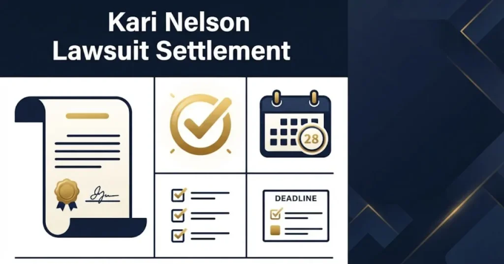 Kari Nelson Lawsuit settlement graphic with checklist icons and deadline calendar symbols