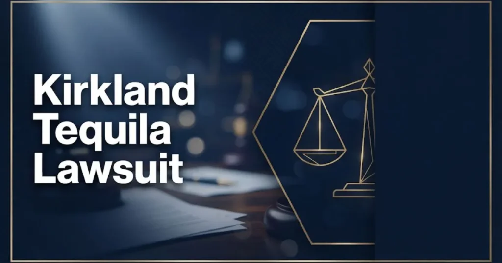 Kirkland Tequila Lawsuit hero banner with gold scales of justice on navy background