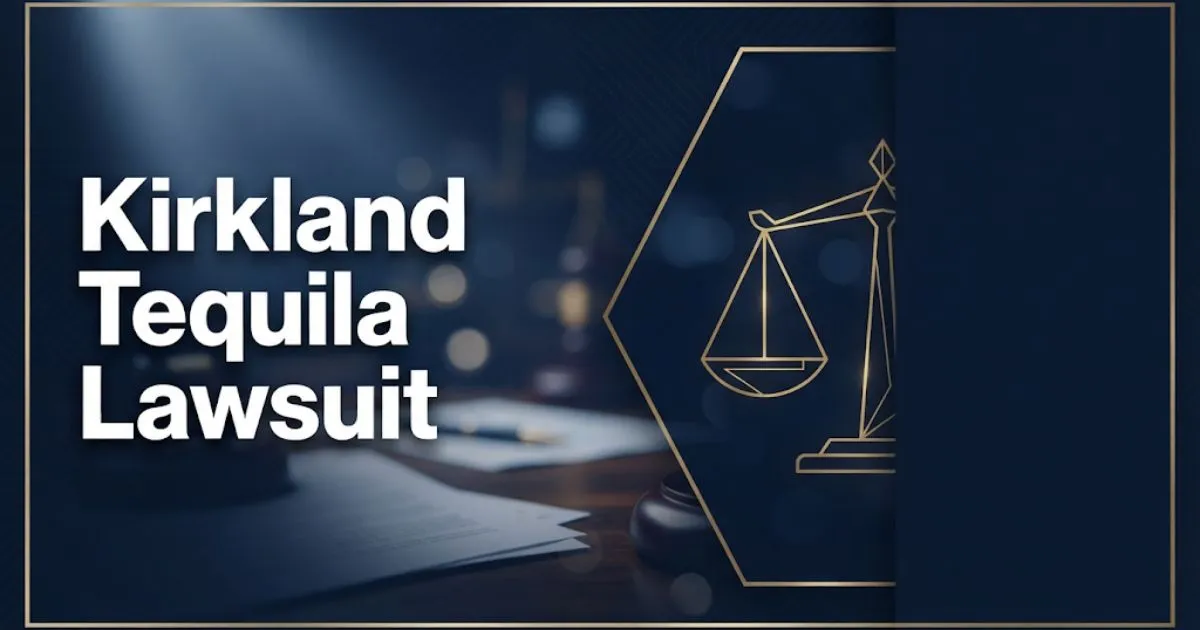 Kirkland Tequila Lawsuit hero banner with gold scales of justice on navy background