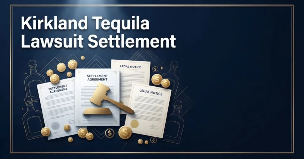 Kirkland Tequila Lawsuit settlement graphic with legal documents and gold accents