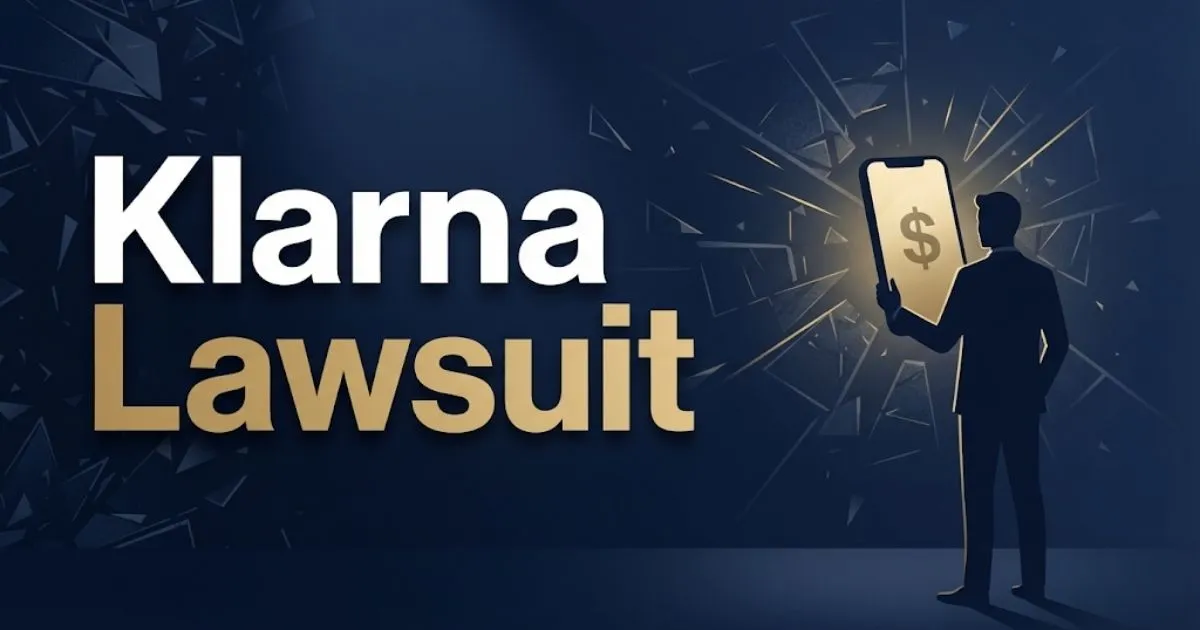Klarna lawsuit hero banner with bold headline text and abstract legal symbols on navy background