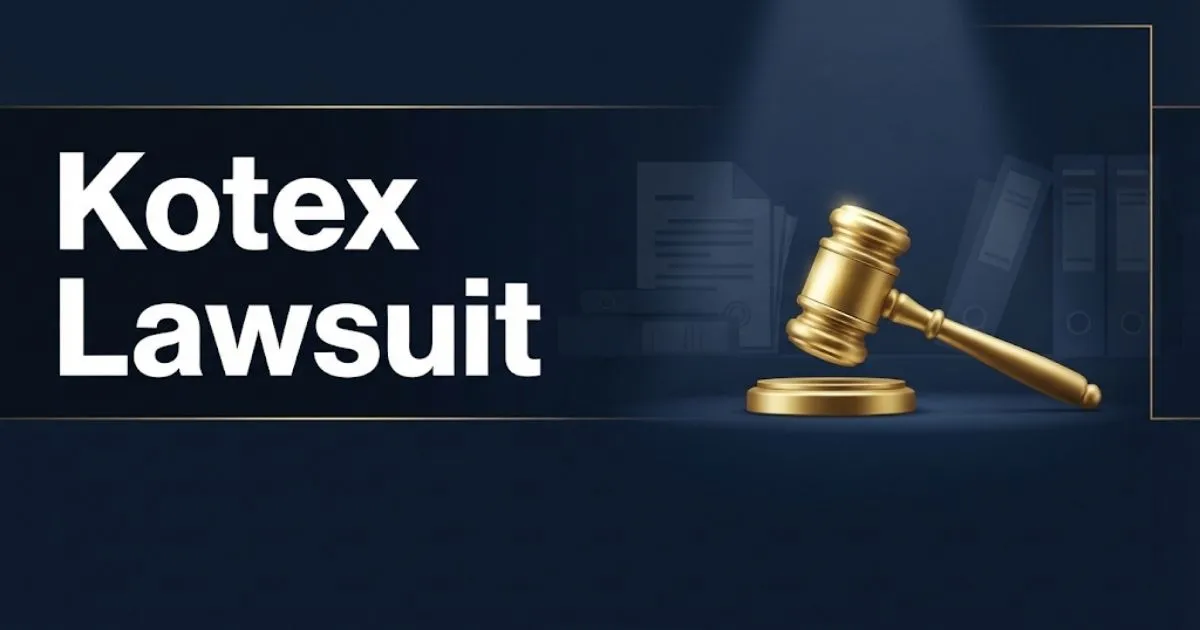 Kotex lawsuit hero banner with gavel icon and legal documents in navy and gold tones