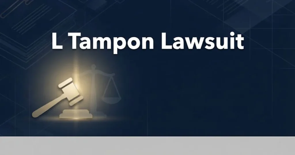 L tampon lawsuit hero banner with gavel icon and navy blue legal theme background