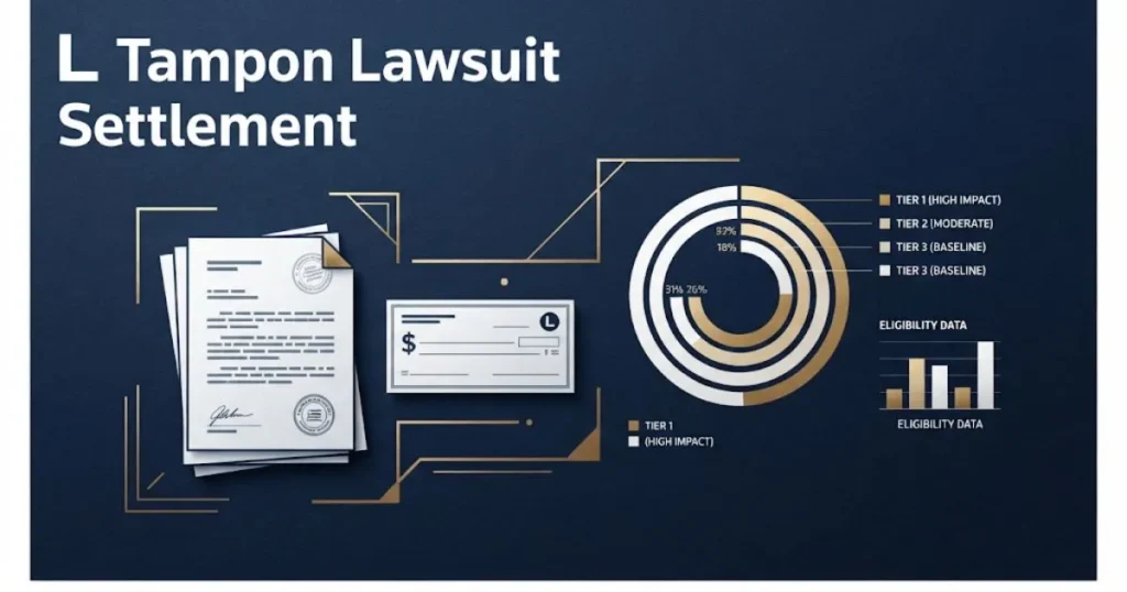 L tampon lawsuit settlement graphic with legal documents and payout tier chart elements