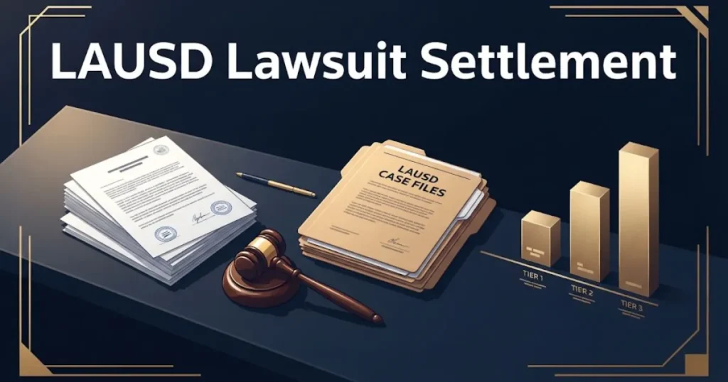 LAUSD Lawsuit Settlement graphic with legal documents and settlement tier chart in navy and gold