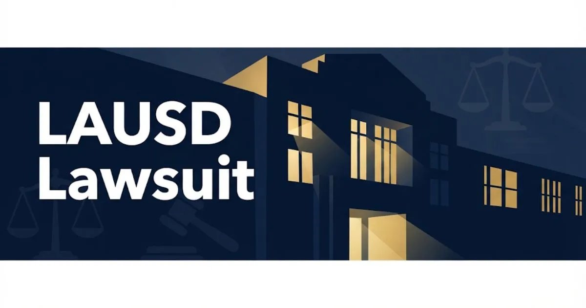 LAUSD Lawsuit hero banner with school building silhouette and legal symbols in navy and gold