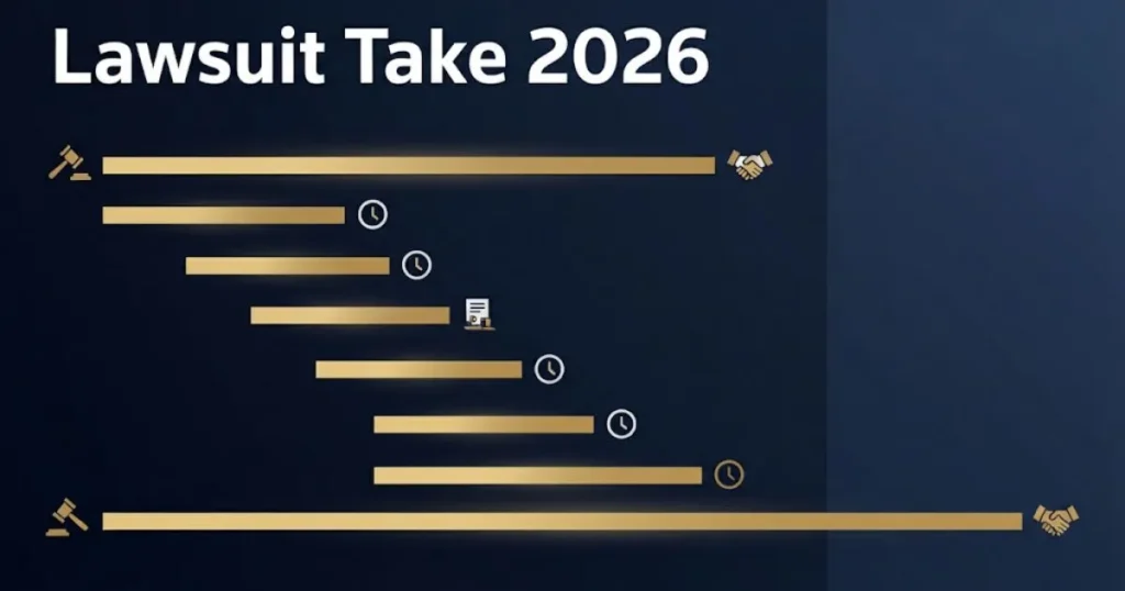 Lawsuit Take 2026 timeline visualization with gold progress bars and legal icons on navy