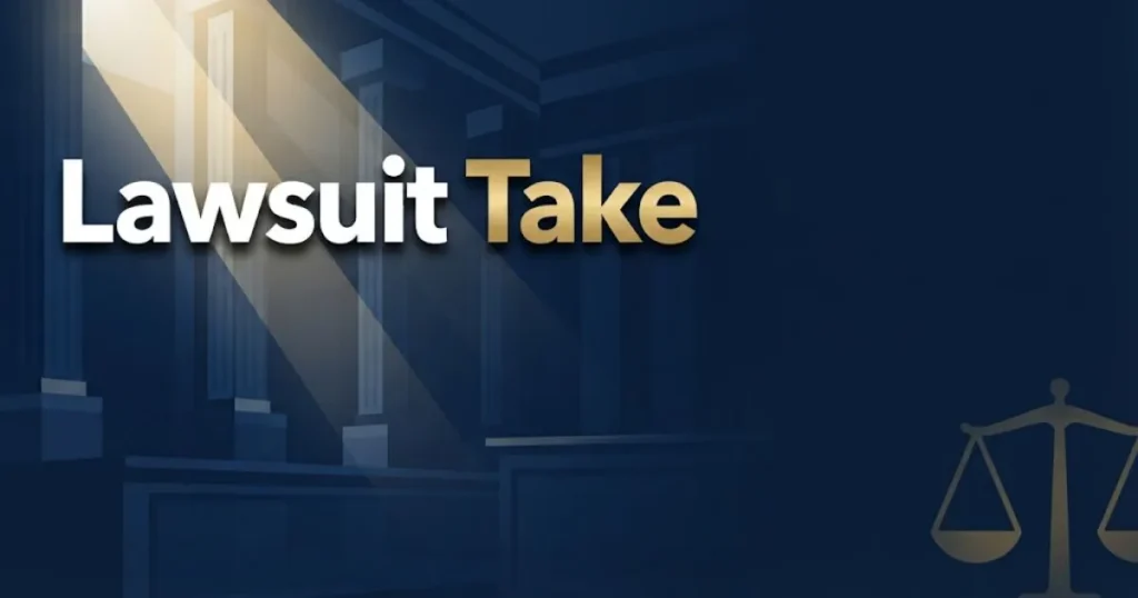 Lawsuit Take timeline guide banner with gold scales of justice on deep navy background