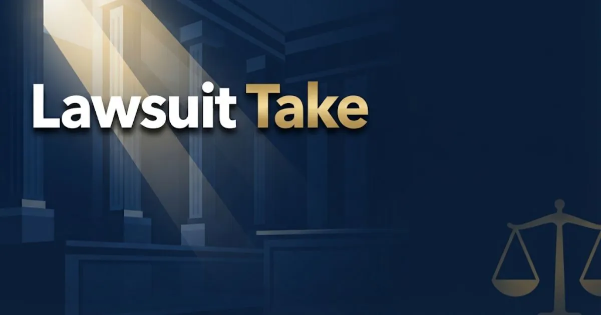 Lawsuit Take timeline guide banner with gold scales of justice on deep navy background