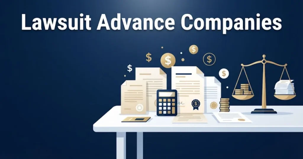 Lawsuit advance companies comparison graphic with settlement documents and balance scale icons