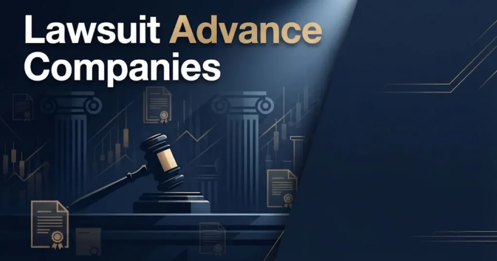 Lawsuit advance companies hero banner with gavel silhouette and legal documents on navy background